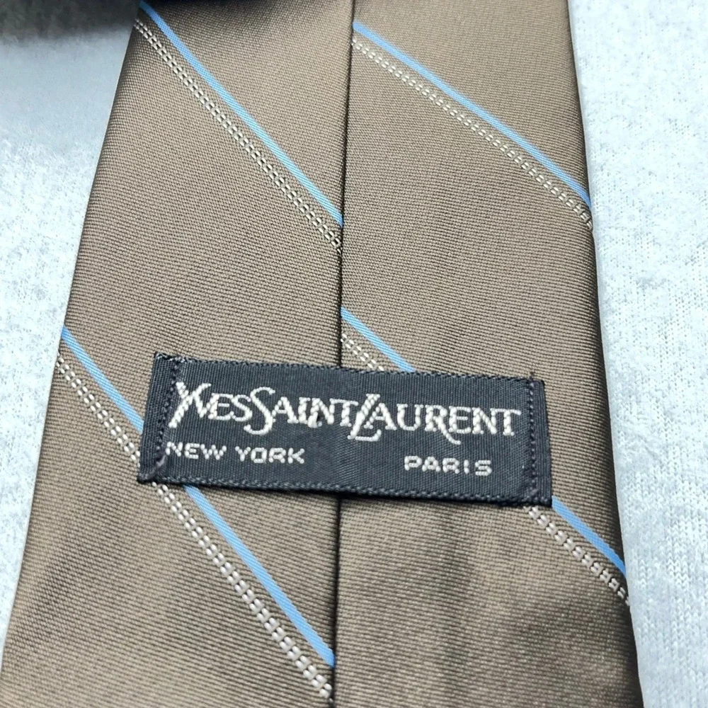 Yves Saint Laurent Mens Silk Tie Brown Blue Striped YSL Logo‎ Embroidered France